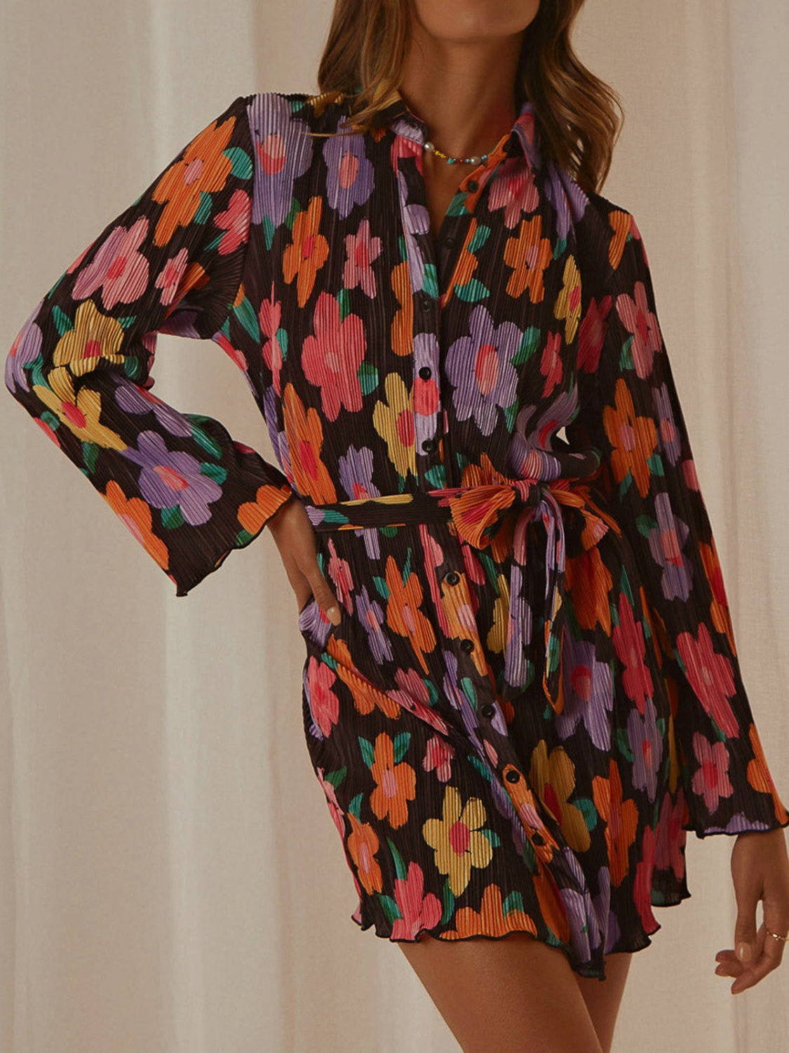Tied Button Up Long Sleeve Dress - Siennasass