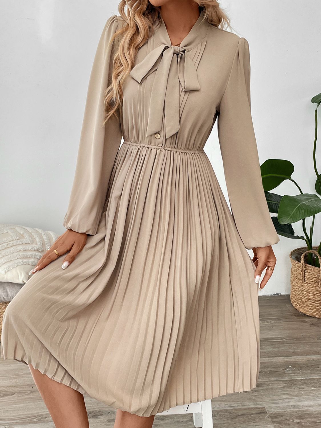 Perfee Pleated Tie Neck Long Sleeve Dress - Siennasass