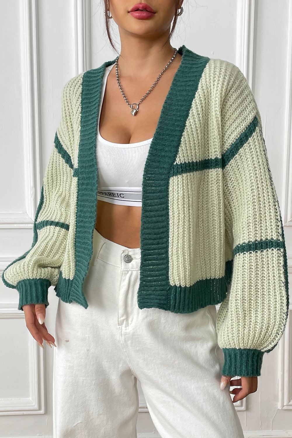 Contrast Open Front Long Sleeve Cardigan - Siennasass