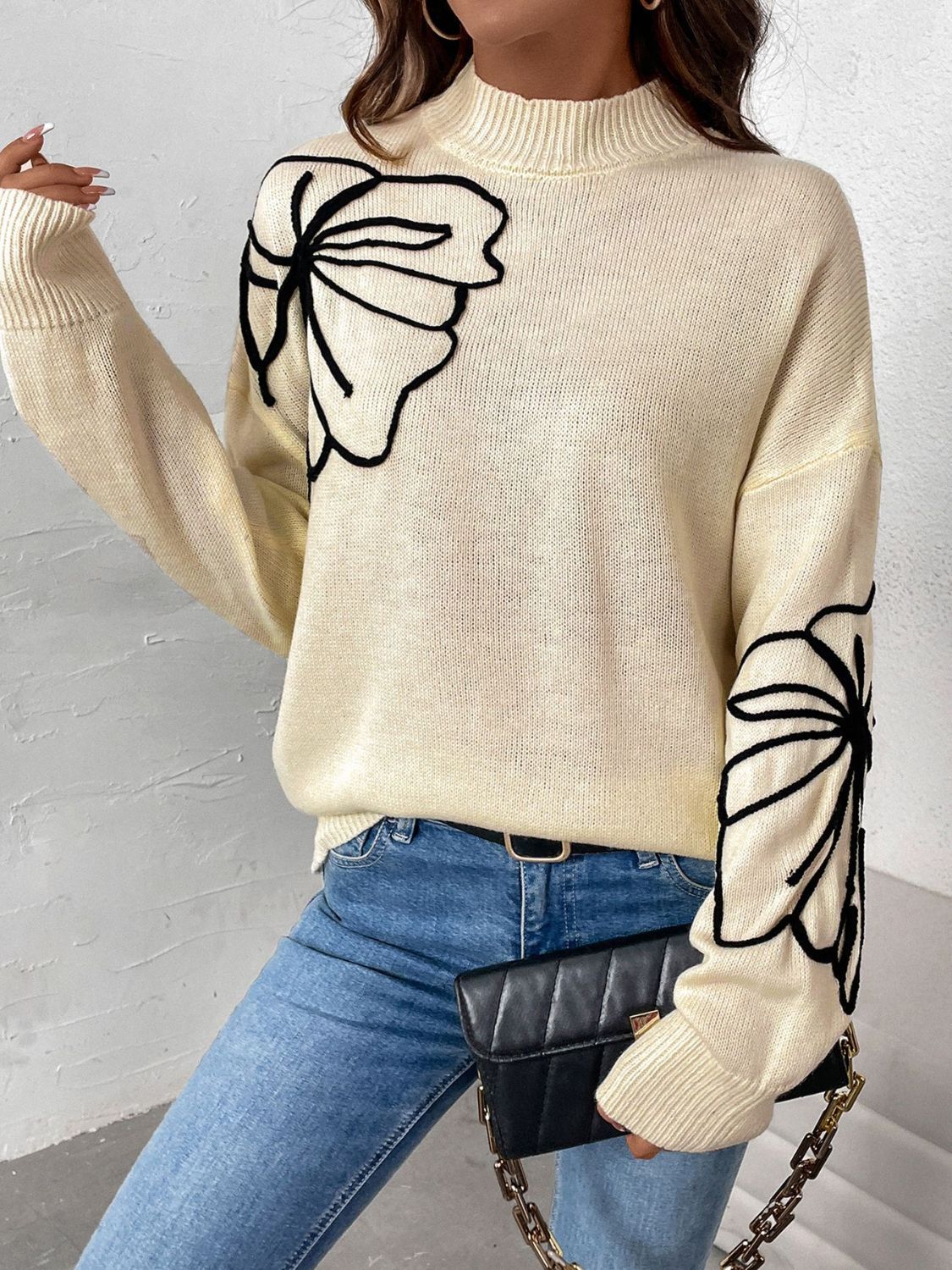 Perfee Mock Neck Dropped Shoulder Long Sleeve Sweater - Siennasass