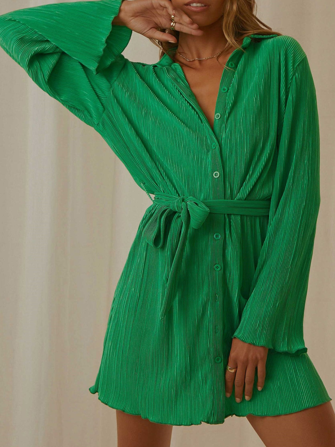 Tied Button Up Long Sleeve Dress - Siennasass
