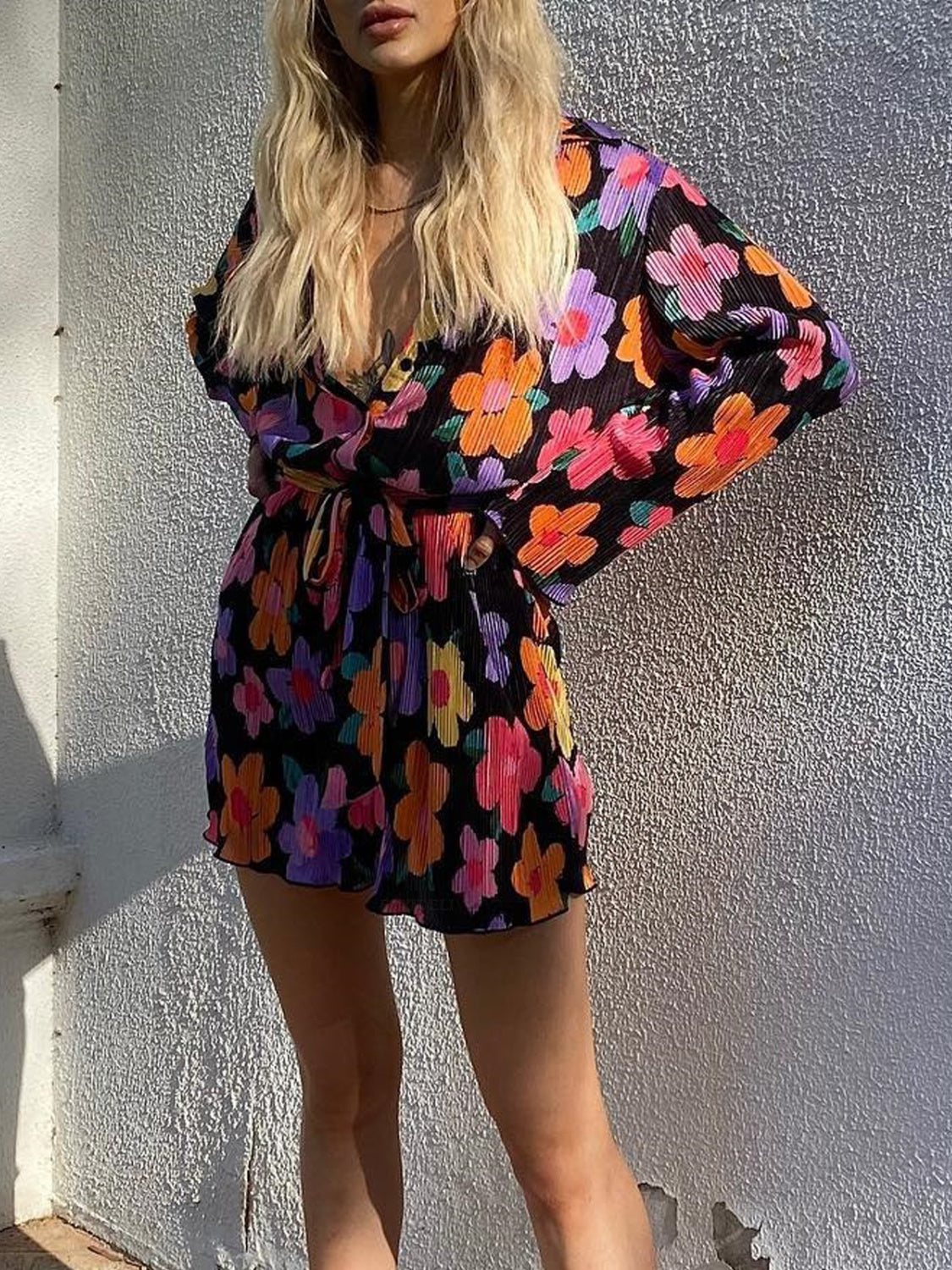 Tied Button Up Long Sleeve Dress - Siennasass