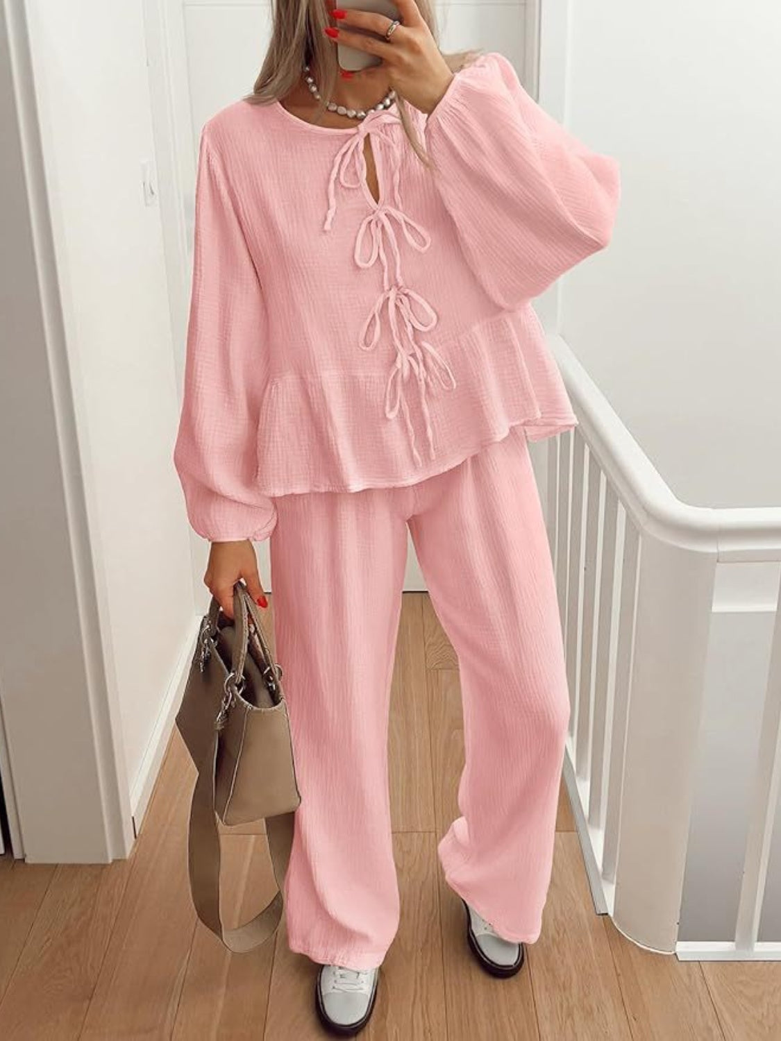 Tie Neck Balloon Sleeve Top and Pants Set - Siennasass