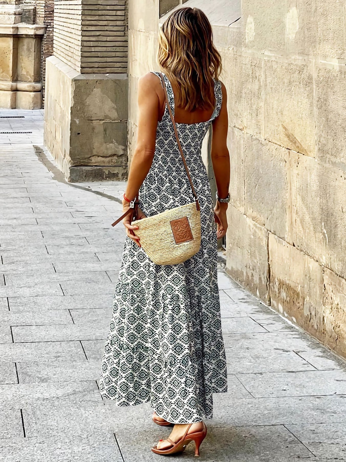 Smocked Printed Square Neck Sleeveless Dress - Siennasass
