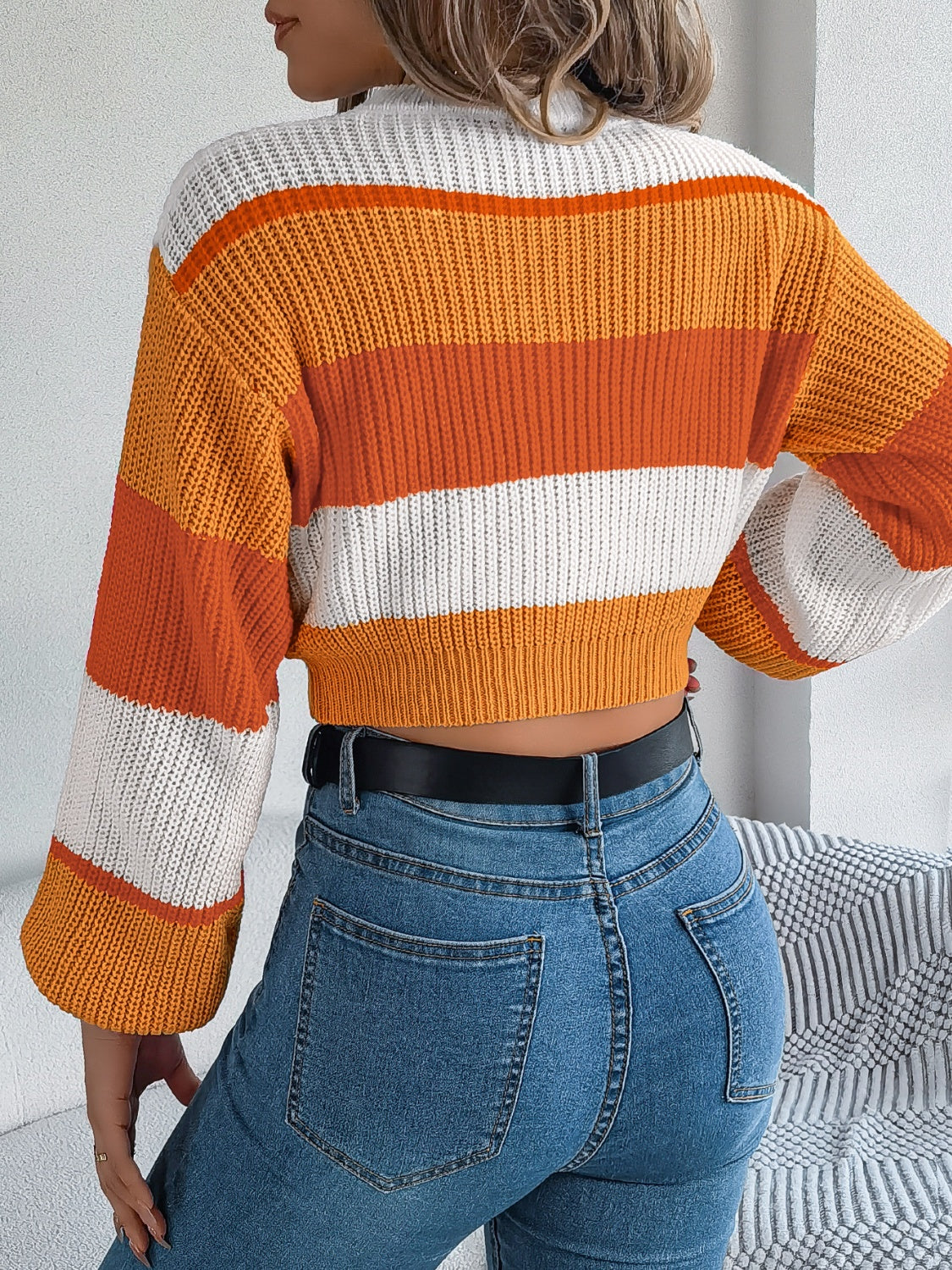 Color Block Round Neck Cropped Sweater - Siennasass