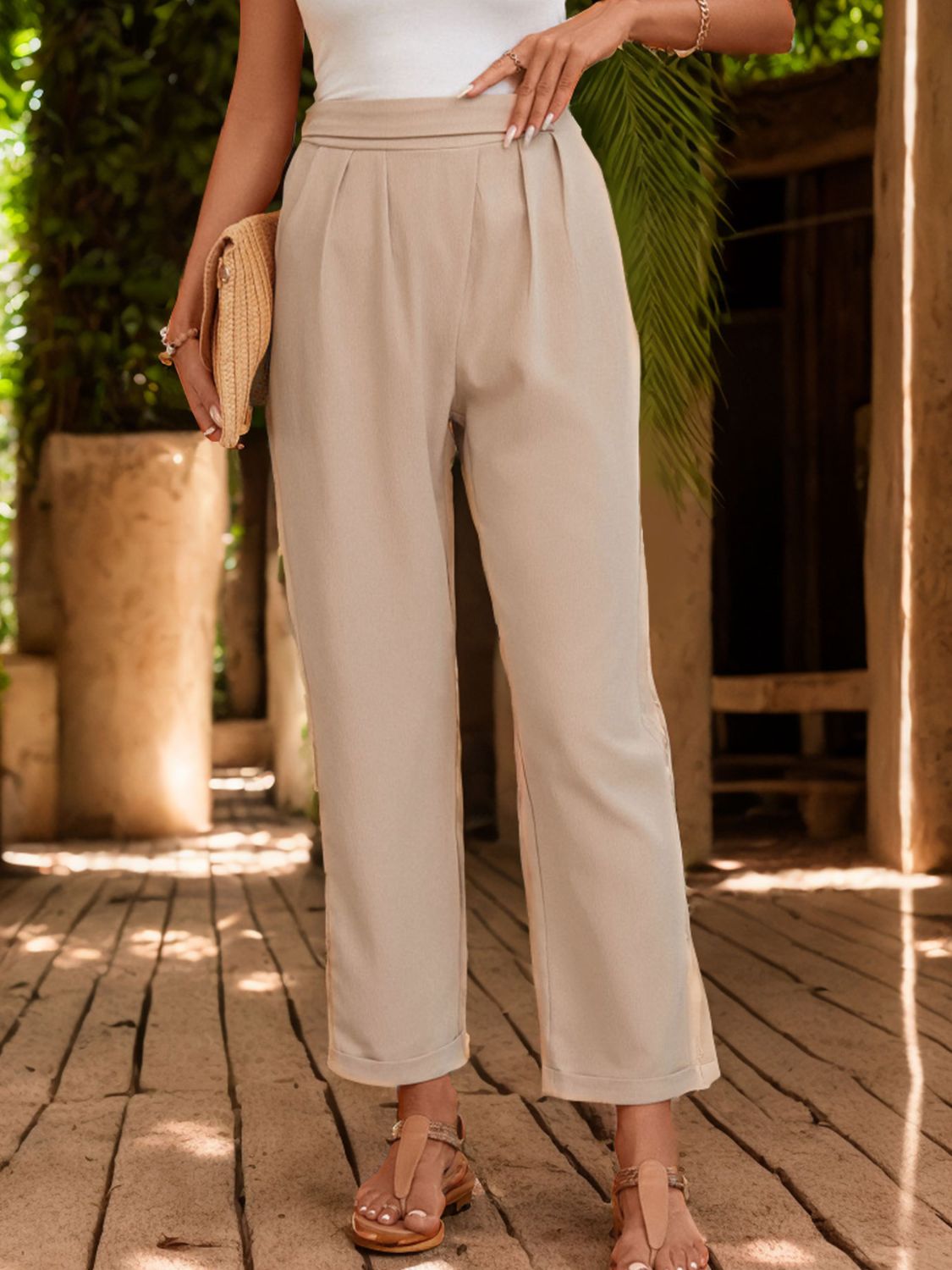 Ruched Half Elastic Waist Pants - Siennasass