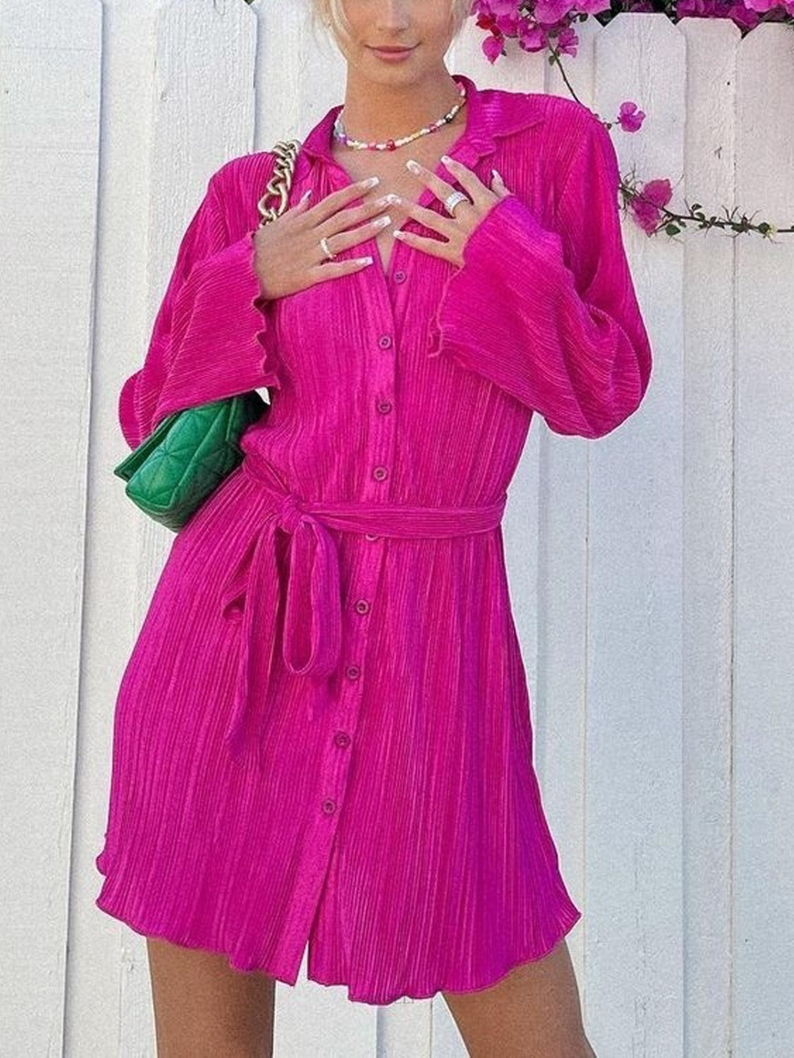 Tied Button Up Long Sleeve Dress - Siennasass