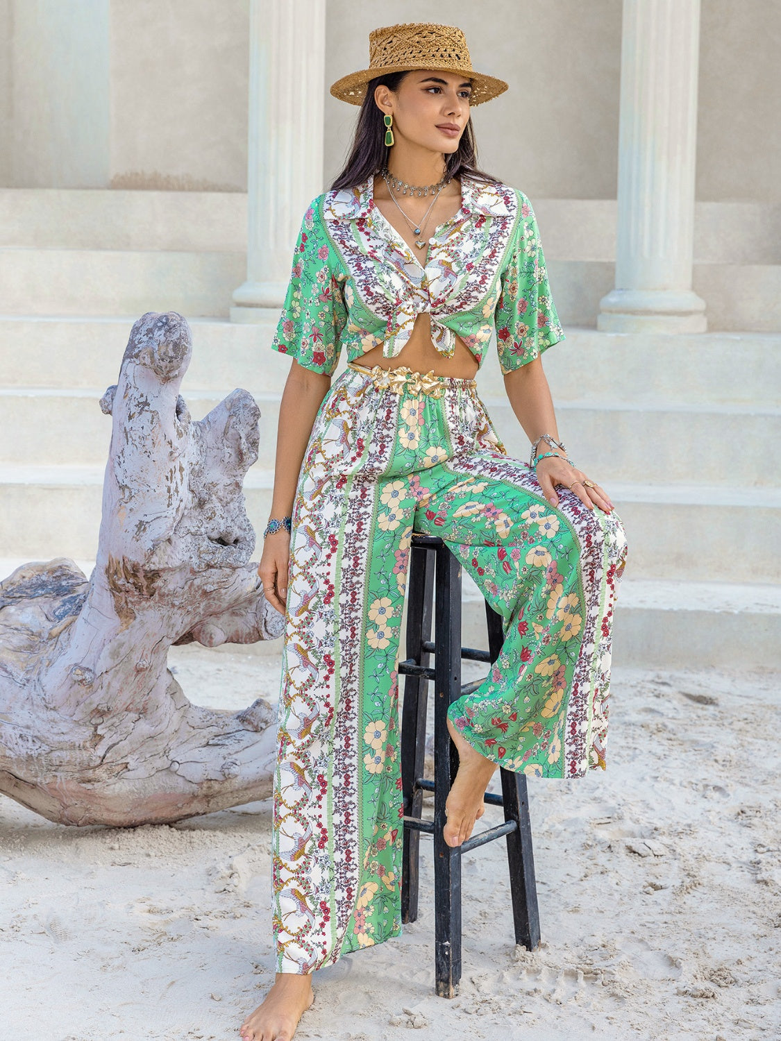 Printed Half Sleeve Top and Wide Leg Pants Set - Siennasass