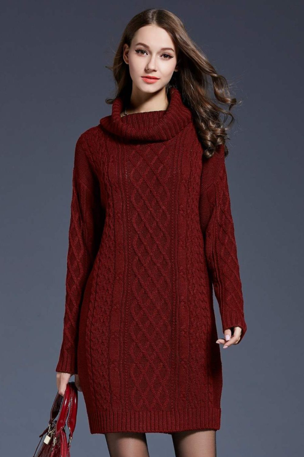 Woven Right Full Size Mixed Knit Cowl Neck Dropped Shoulder Sweater Dress - Siennasass
