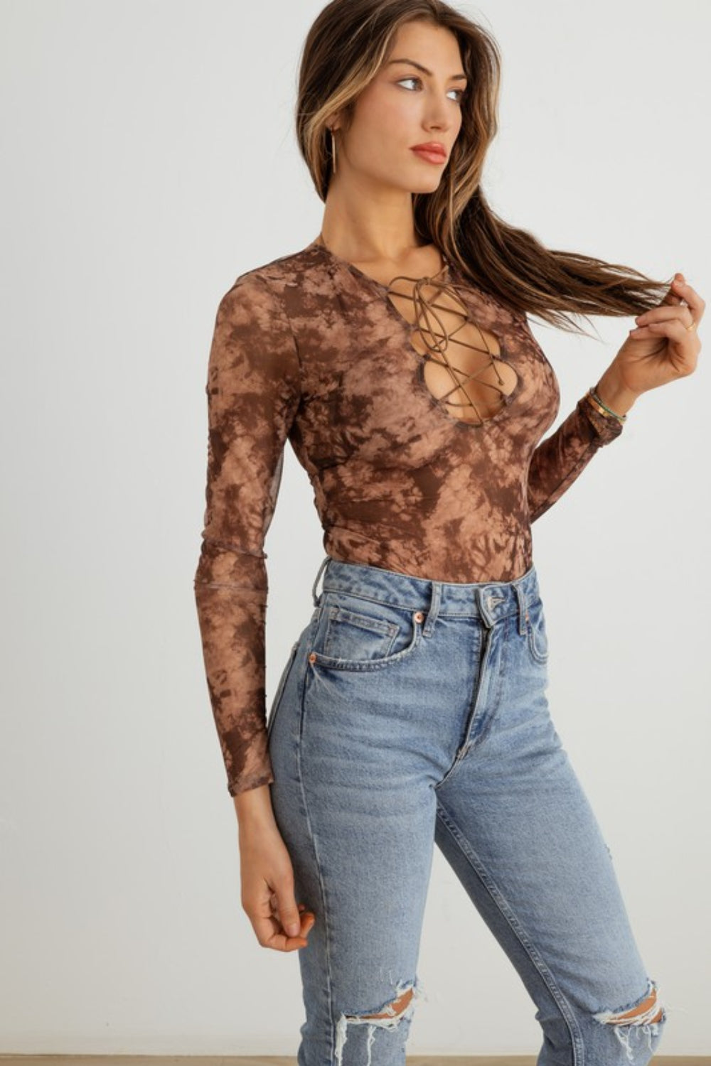 HERA COLLECTION Abstract Mesh Lace-Up Long Sleeve Bodysuit - Siennasass