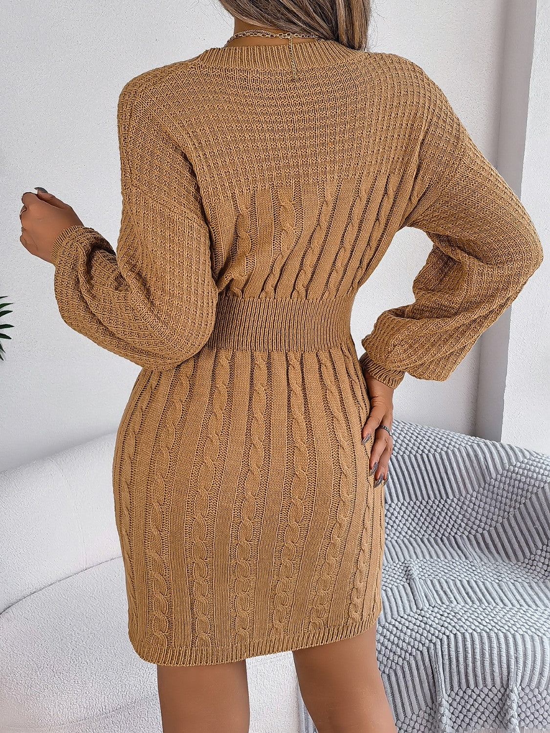 Cable-Knit Cutout Round Neck Slit Sweater Dress - Siennasass