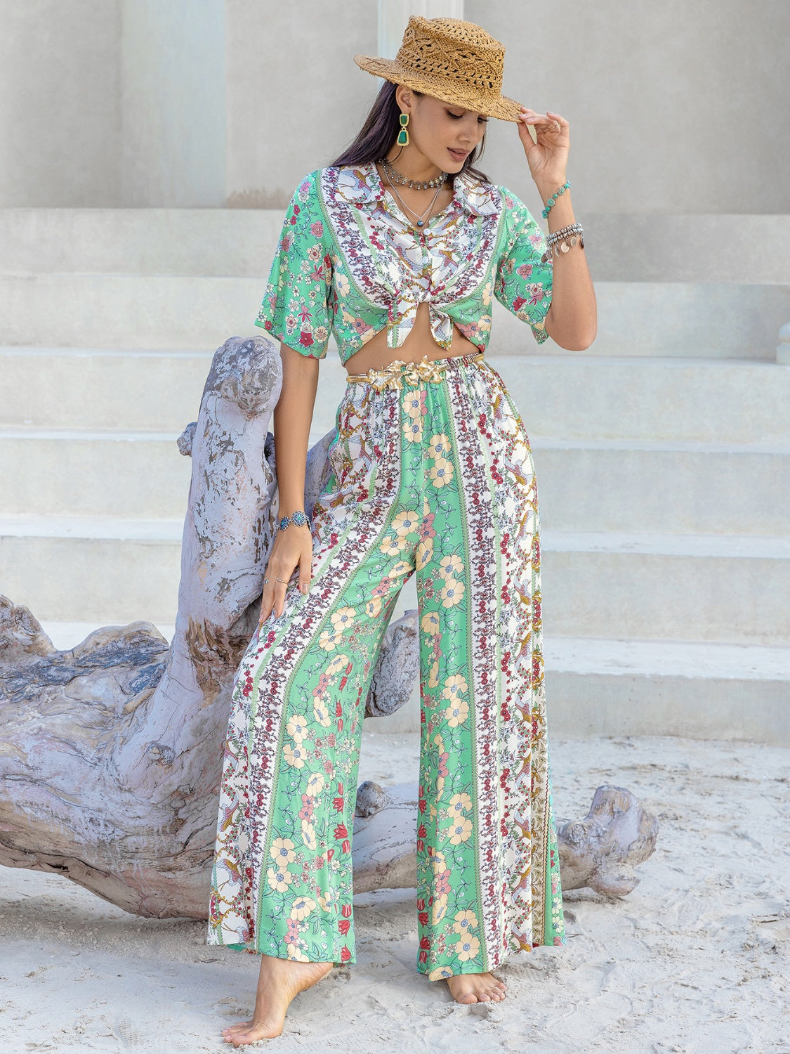 Printed Half Sleeve Top and Wide Leg Pants Set - Siennasass