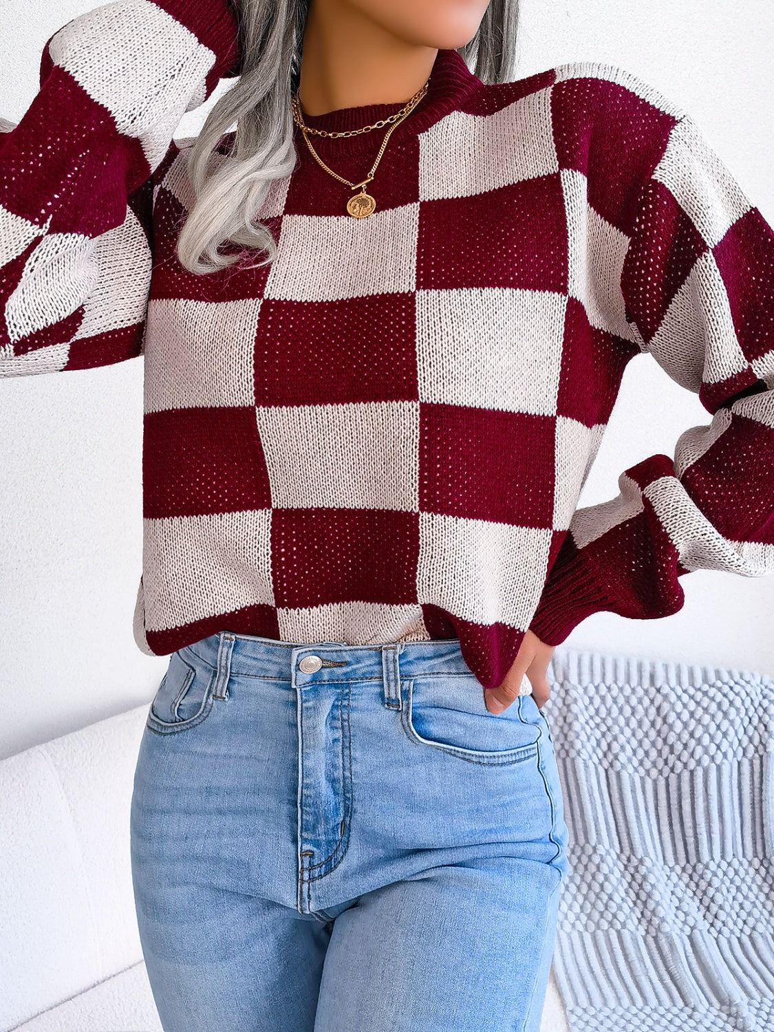Checkered Mock Neck Long Sleeve Sweater - Siennasass