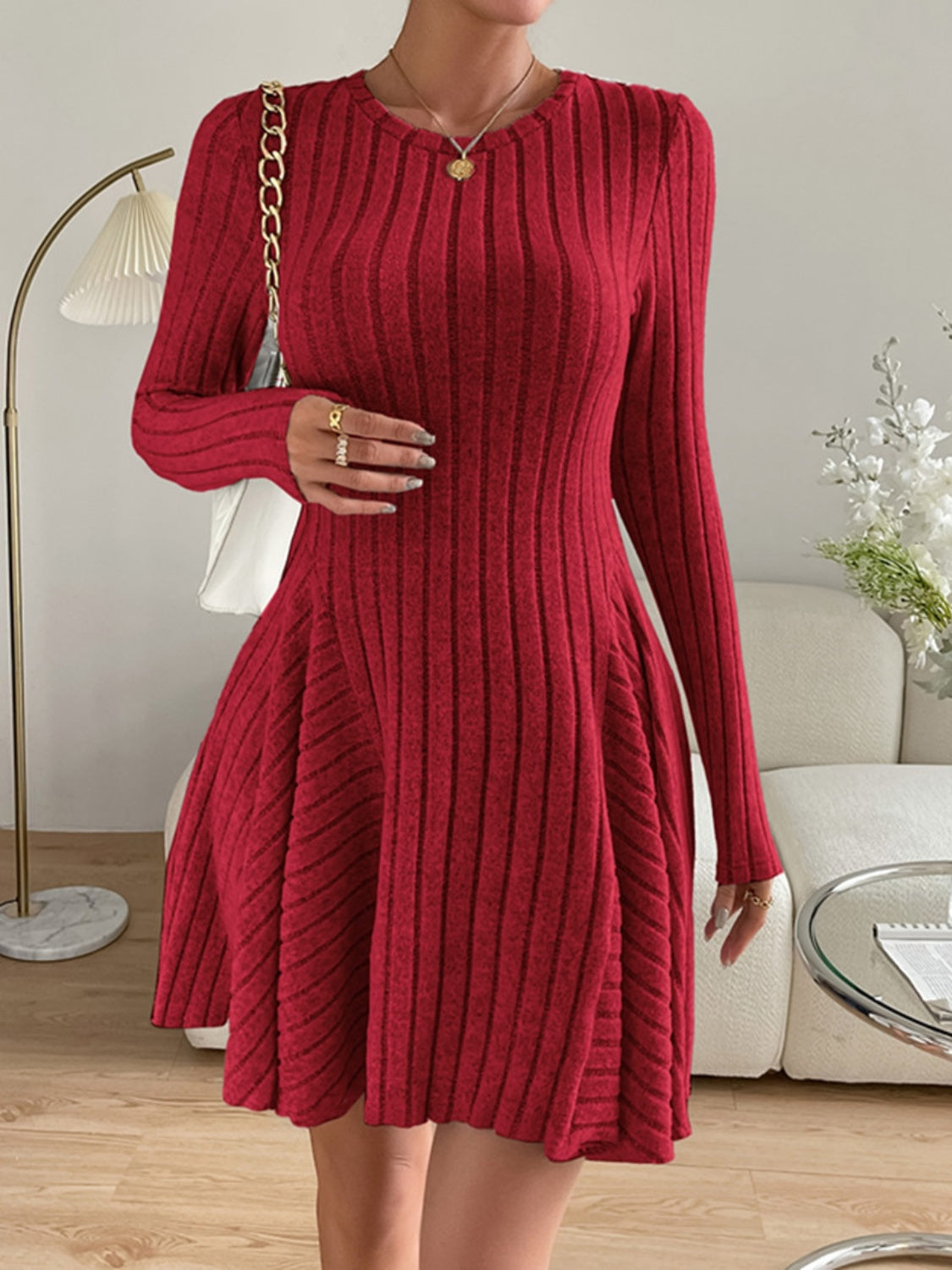 Ribbed Round Neck Long Sleeve Dress - Siennasass