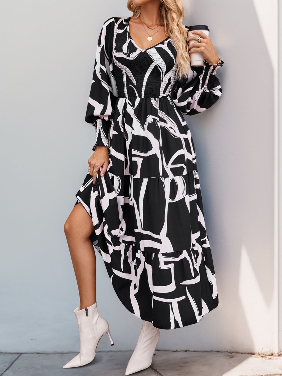 Perfee Smocked Printed Long Sleeve Midi Dress - Siennasass