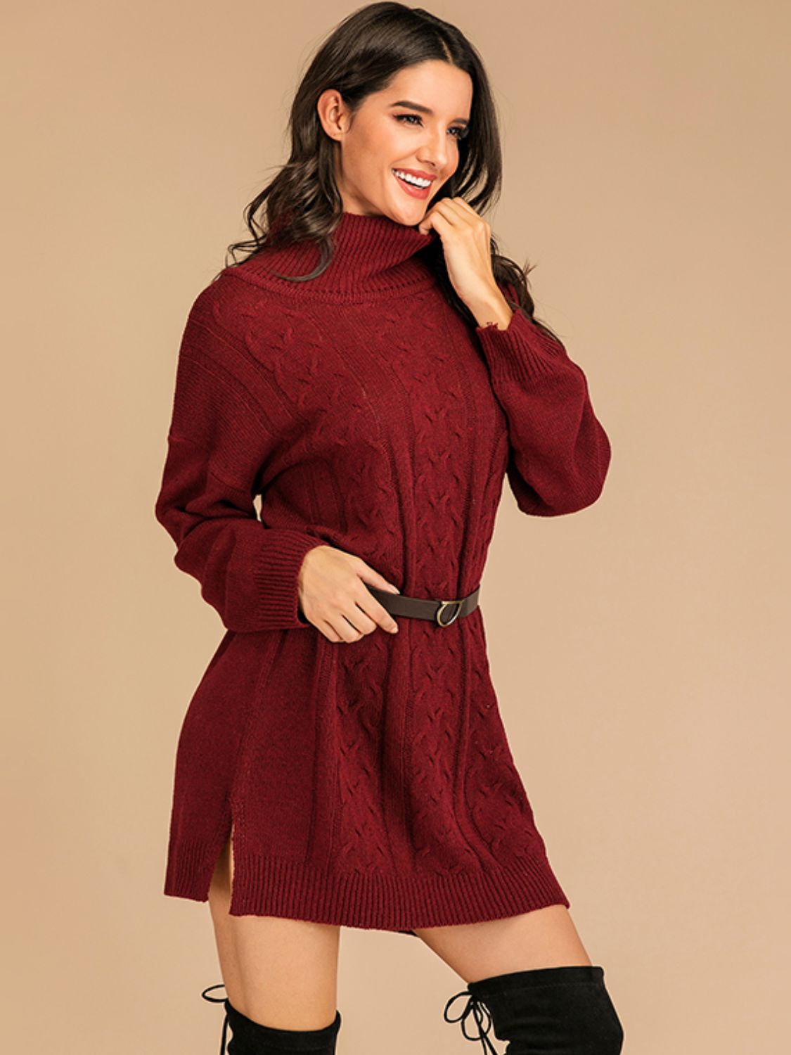 Perfee Slit Turtleneck Long Sleeve Mini Sweater Dress - Siennasass