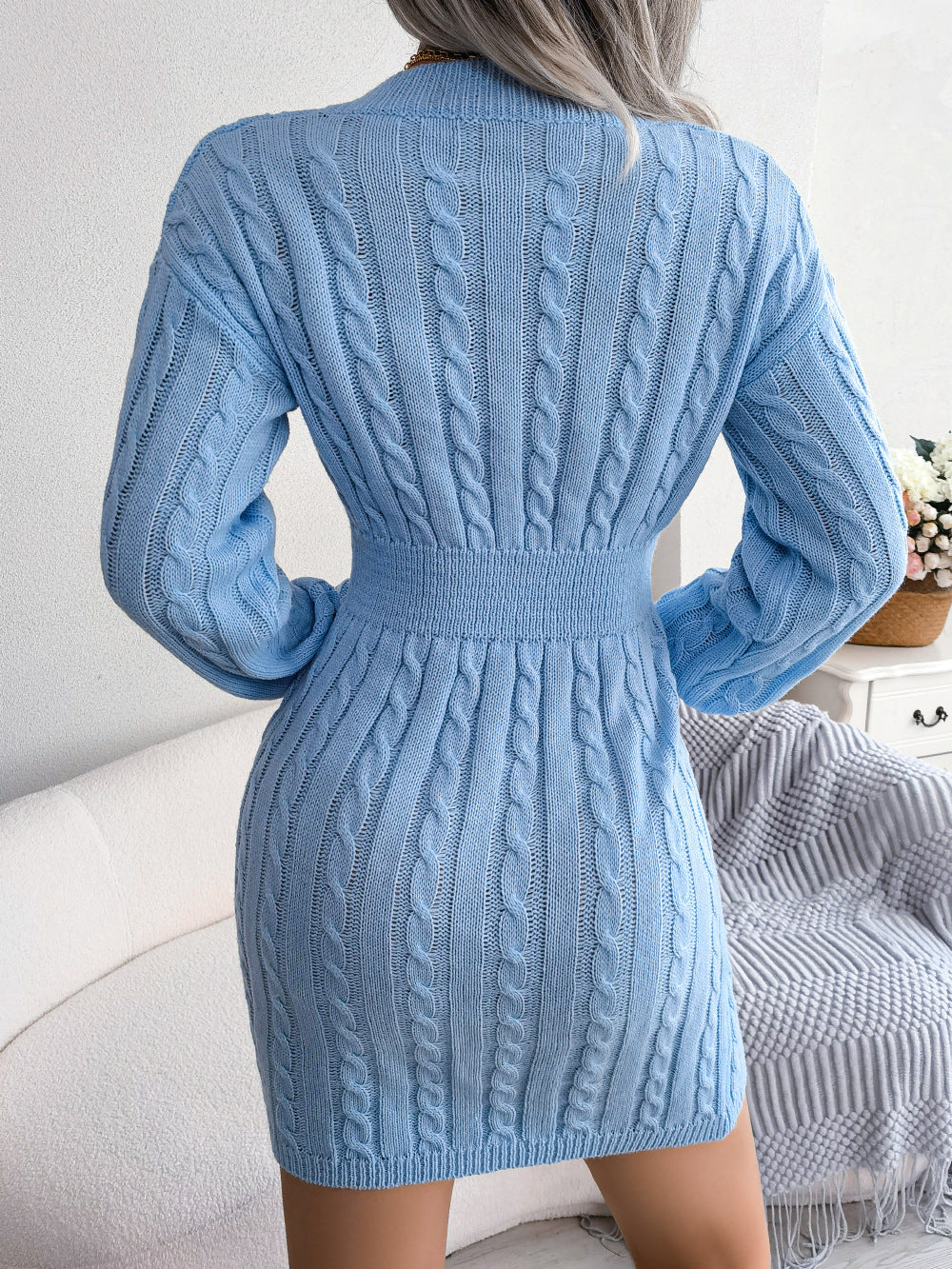Cable-Knit V-Neck Mini Sweater Dress - Siennasass