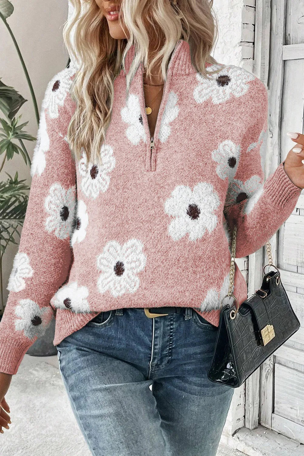 Flower Half Zip Long Sleeve Sweater - Siennasass