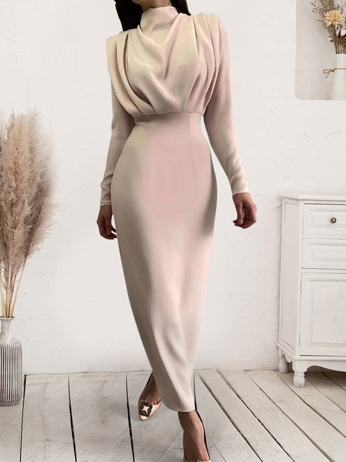 Ruched Turtleneck Long Sleeve Dress - Siennasass