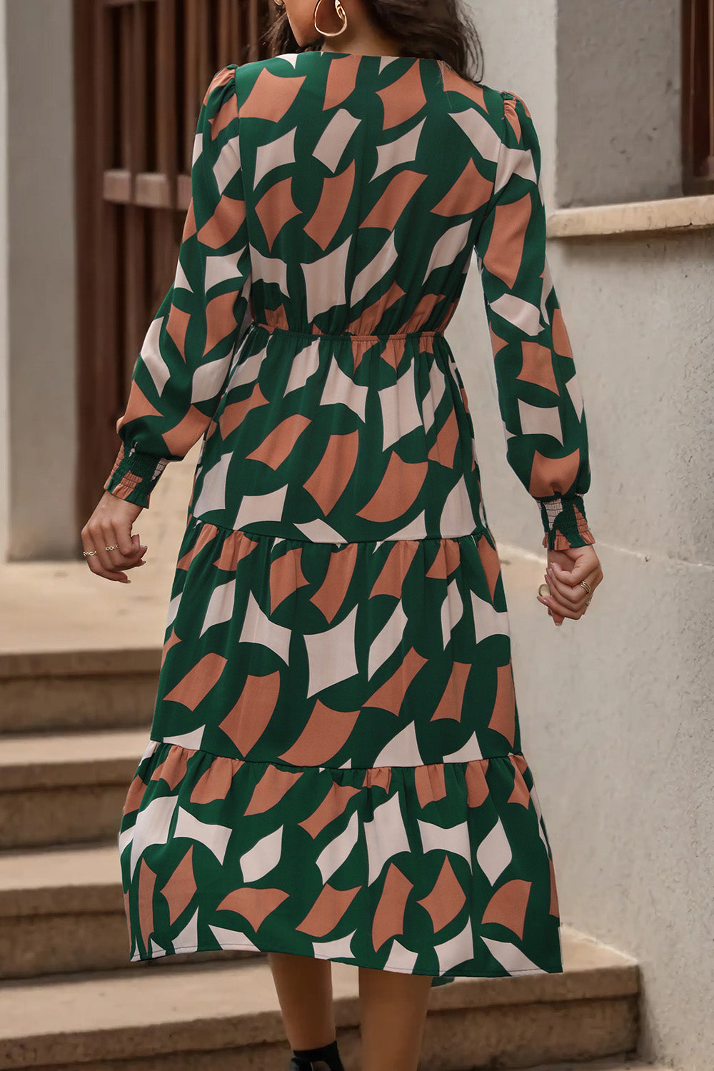 Perfee Printed Tied Pocketed Lantern Sleeve Dress - Siennasass