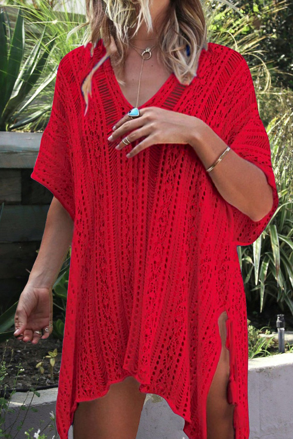 Cutout V-Neck Cover-Up with Tassel - Siennasass