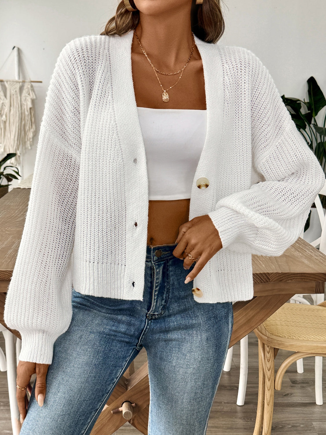 V-Neck Button Up Long Sleeve Cardigan - Siennasass
