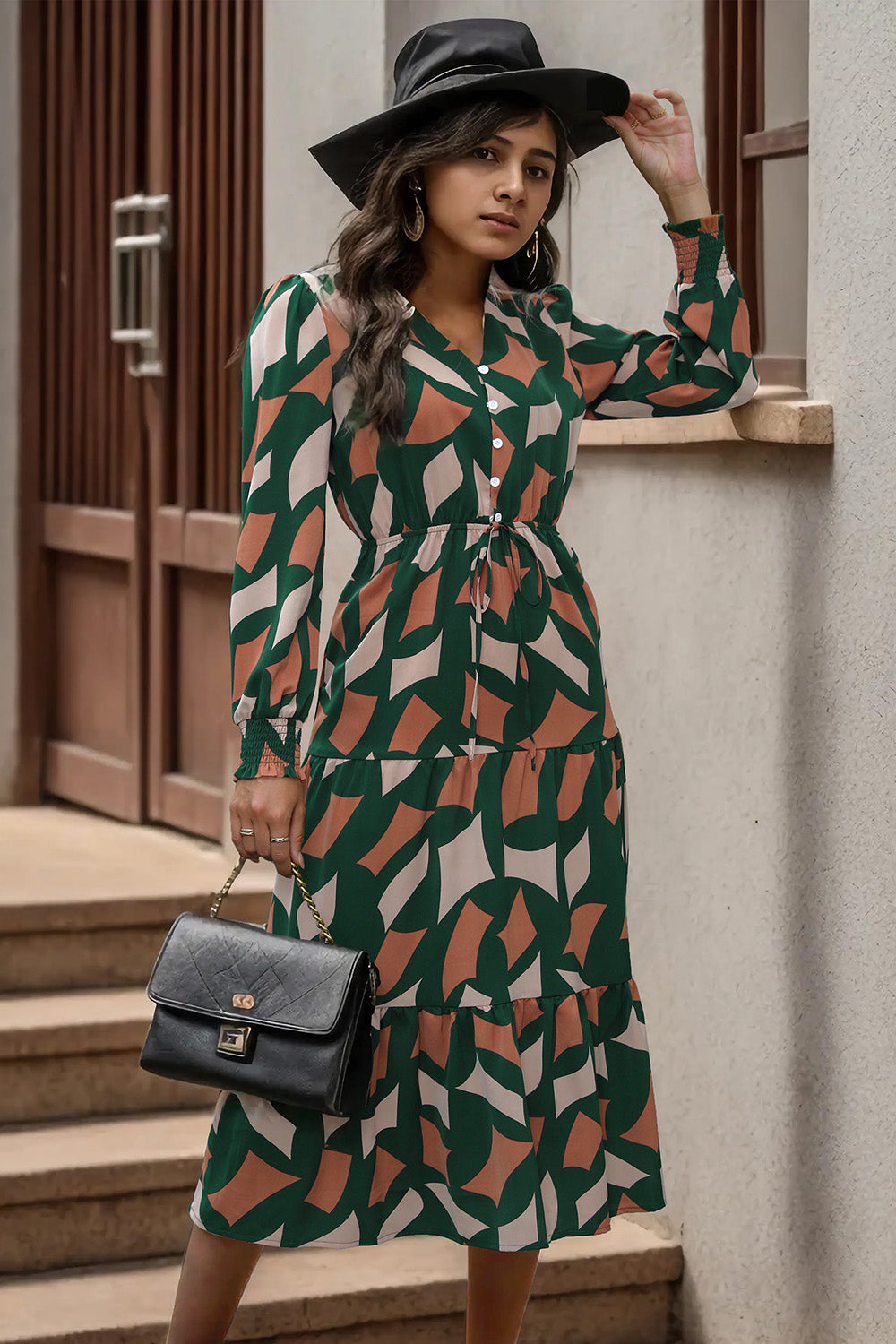 Perfee Printed Tied Pocketed Lantern Sleeve Dress - Siennasass