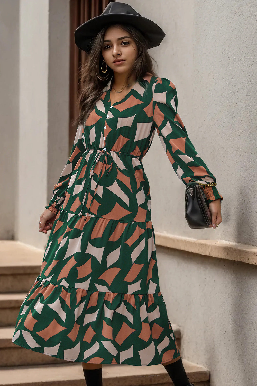 Perfee Printed Tied Pocketed Lantern Sleeve Dress - Siennasass