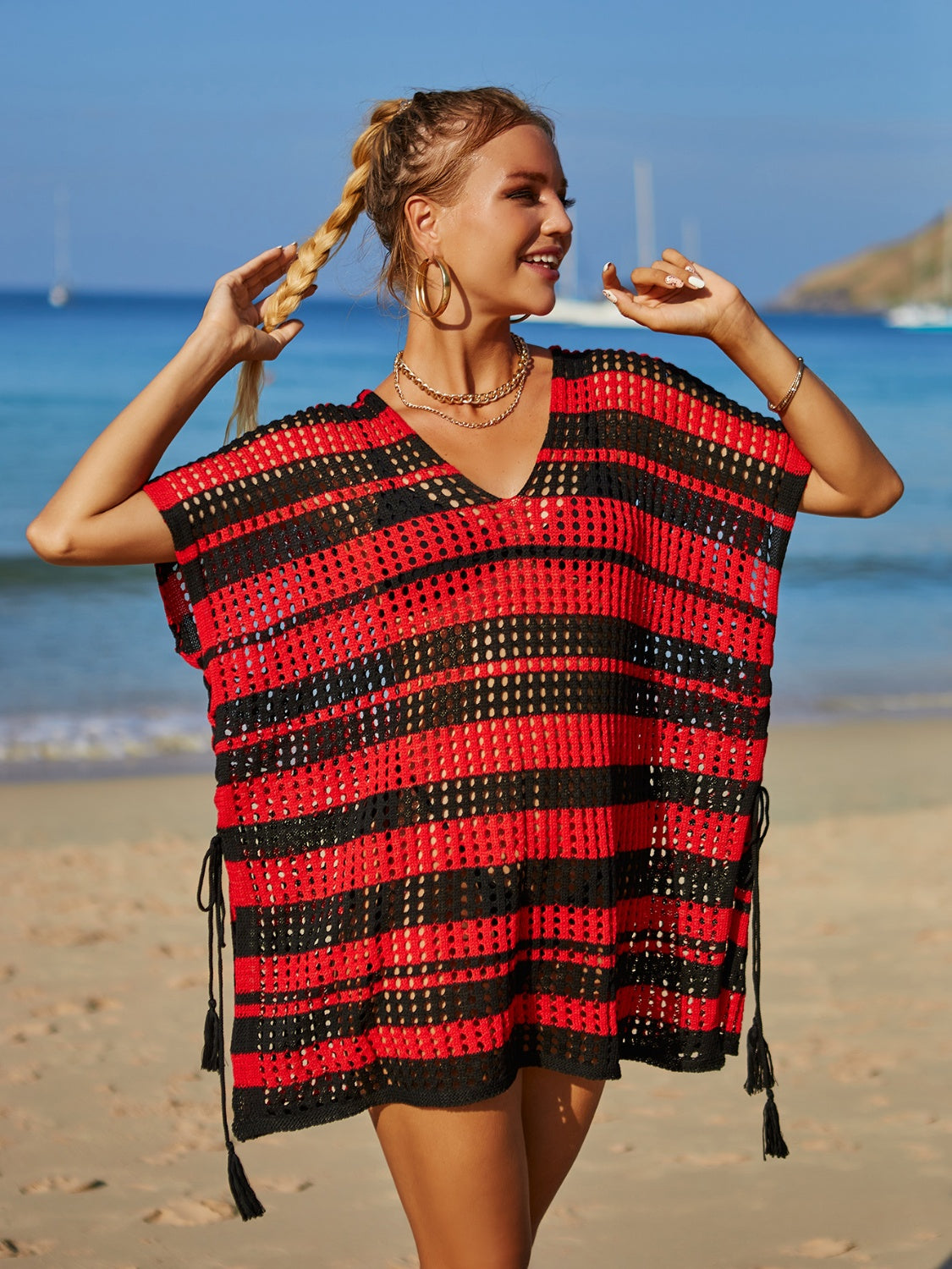 Tassel Openwork Striped V-Neck Cover Up - Siennasass