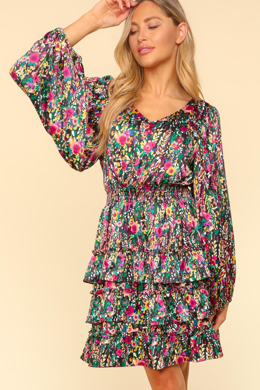 Haptics V-Neck Satin Floral Layered Dress - Siennasass