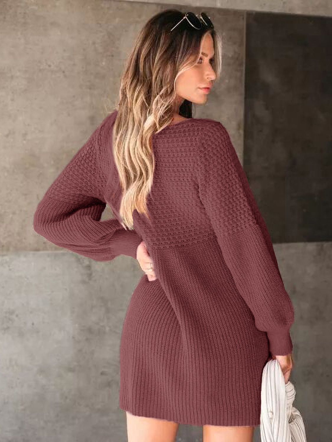 Perfee V-Neck Long Sleeve Sweater Dress - Siennasass