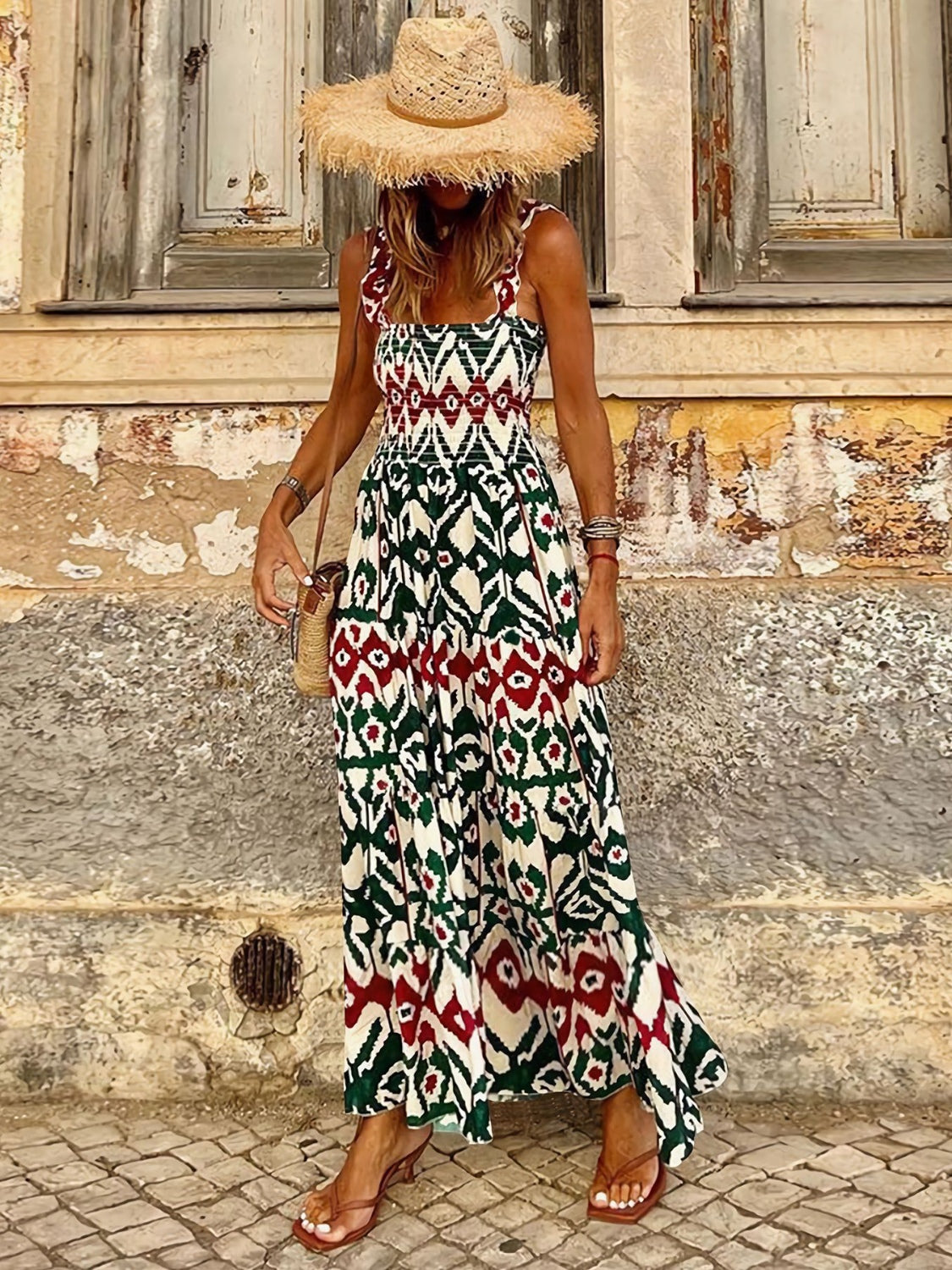 Smocked Printed Square Neck Sleeveless Dress - Siennasass