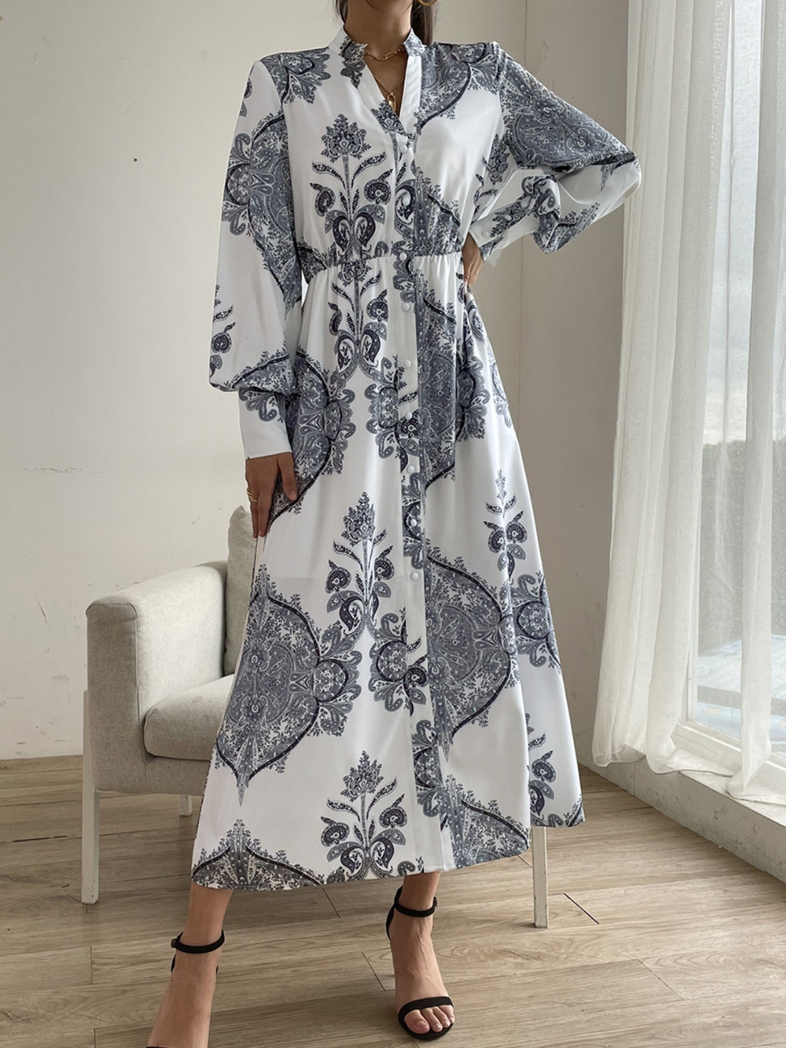 Printed Notched Lantern Sleeve Midi Dress - Siennasass