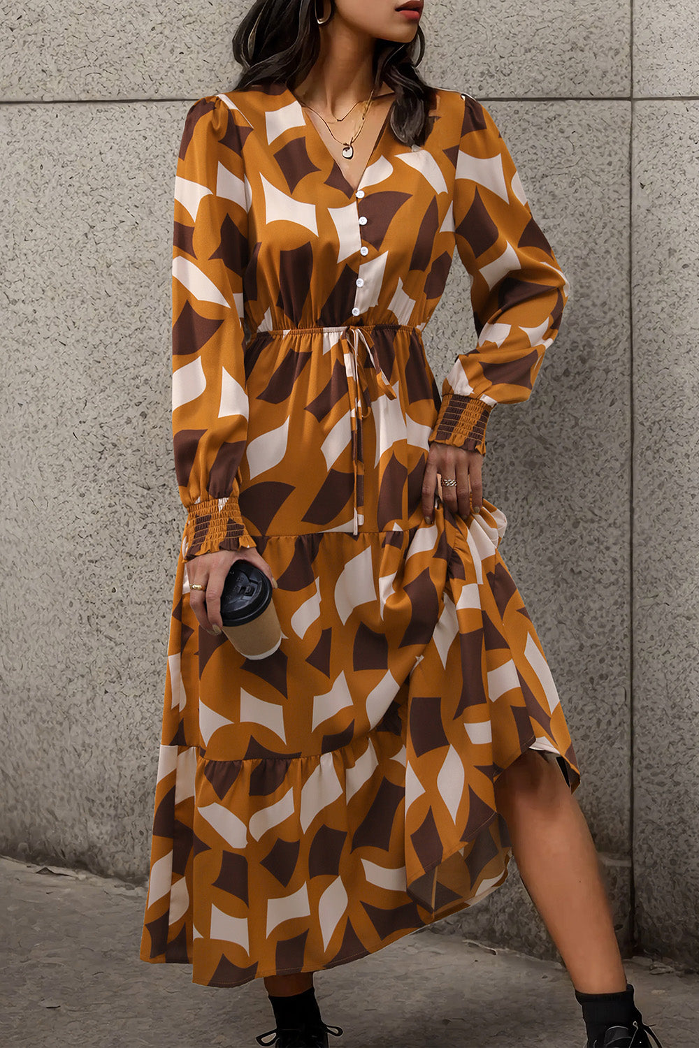 Perfee Printed Tied Pocketed Lantern Sleeve Dress - Siennasass