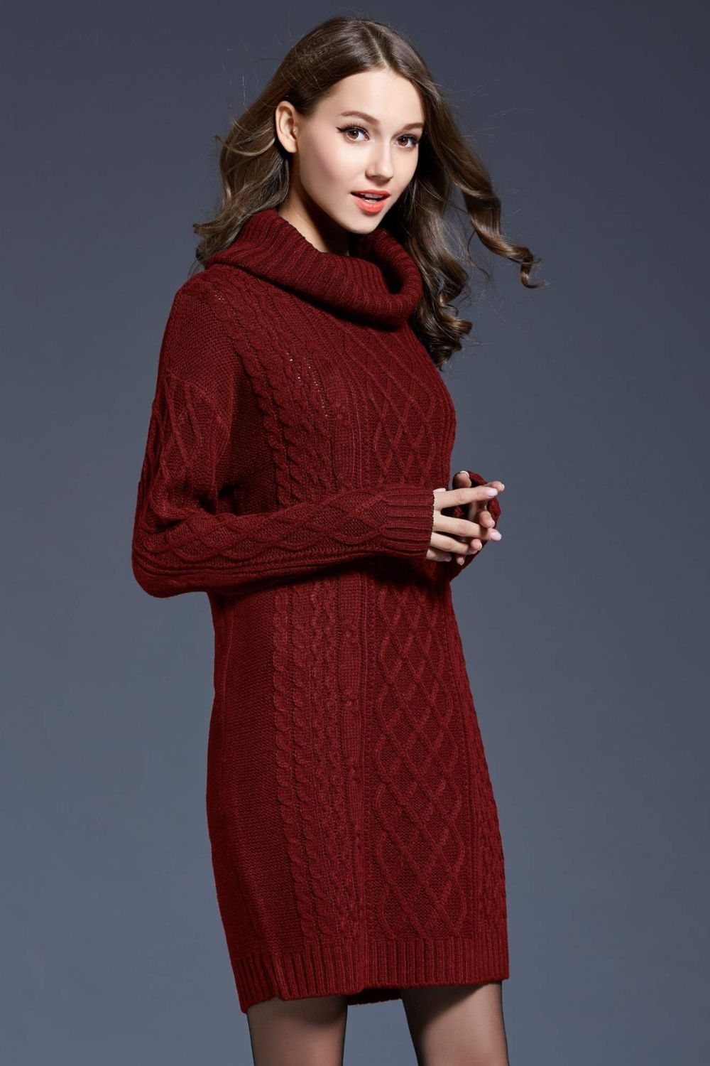 Woven Right Full Size Mixed Knit Cowl Neck Dropped Shoulder Sweater Dress - Siennasass