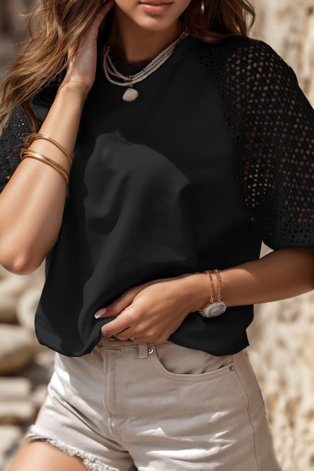Eyelet Round Neck Half Sleeve Blouse - Siennasass