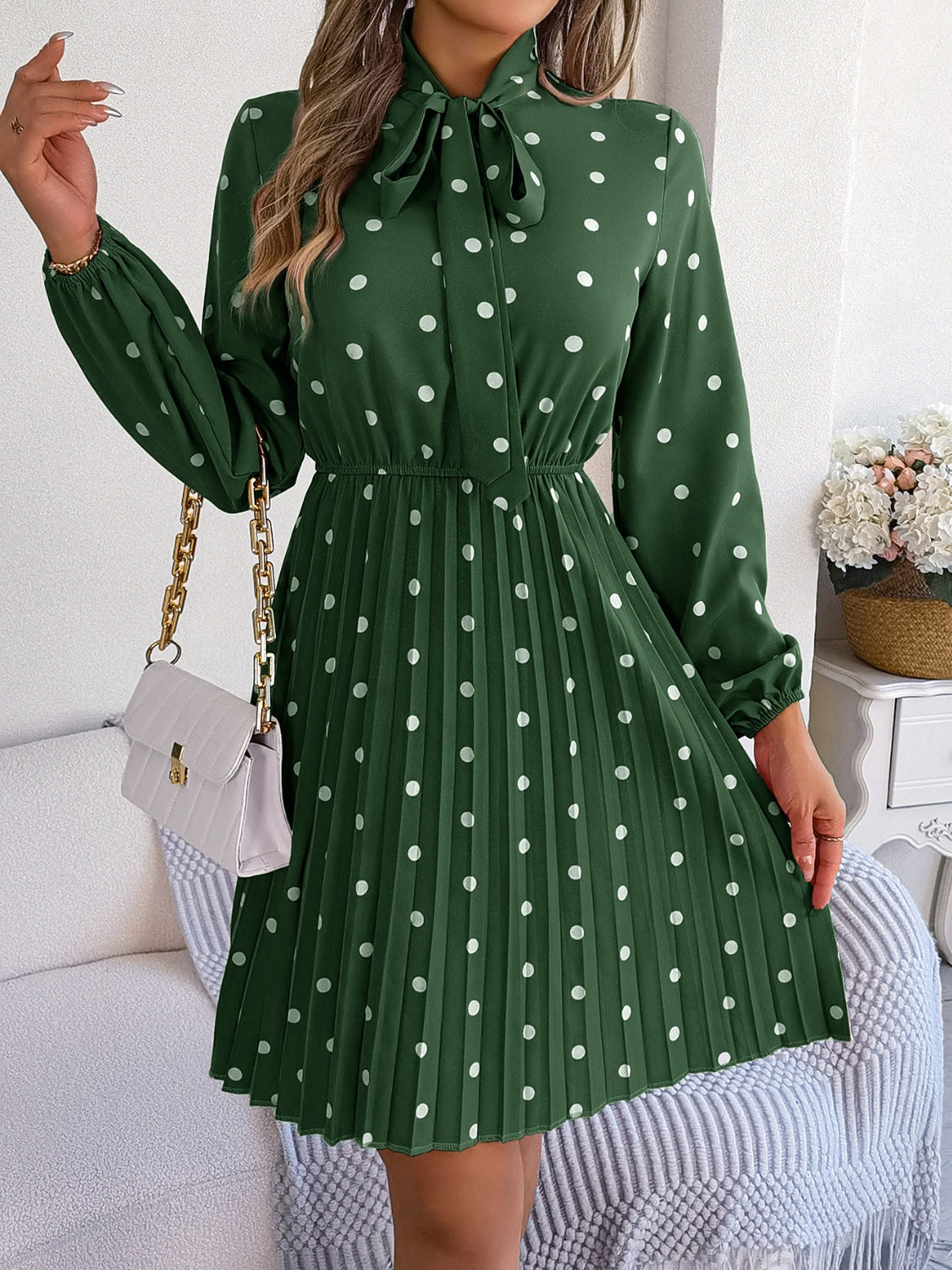 Polka Dot Tie Neck Pleated Dress - Siennasass