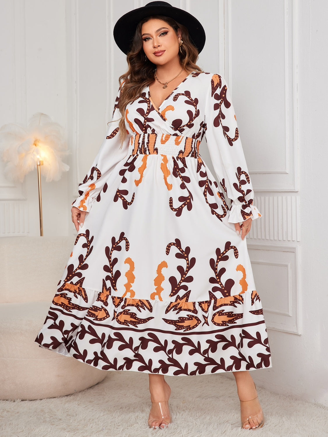 Plus Size Printed Surplice Flounce Sleeve Dress - Siennasass