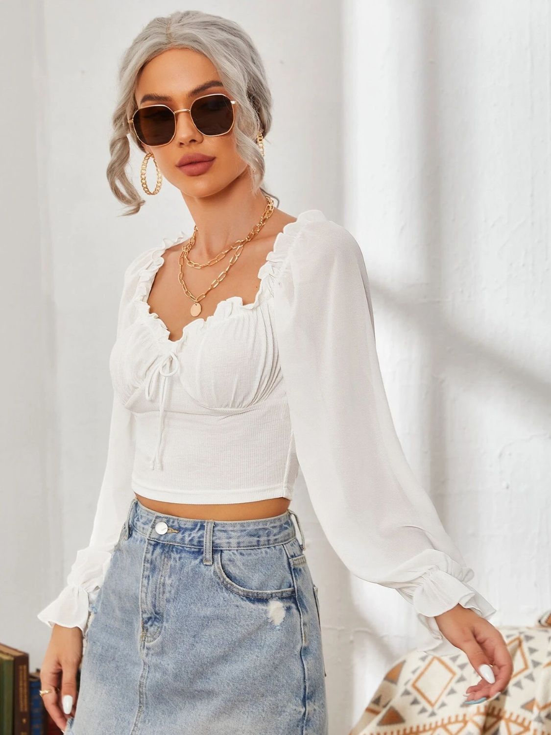 Mesh Sweetheart Neck Flounce Sleeve Top - Siennasass