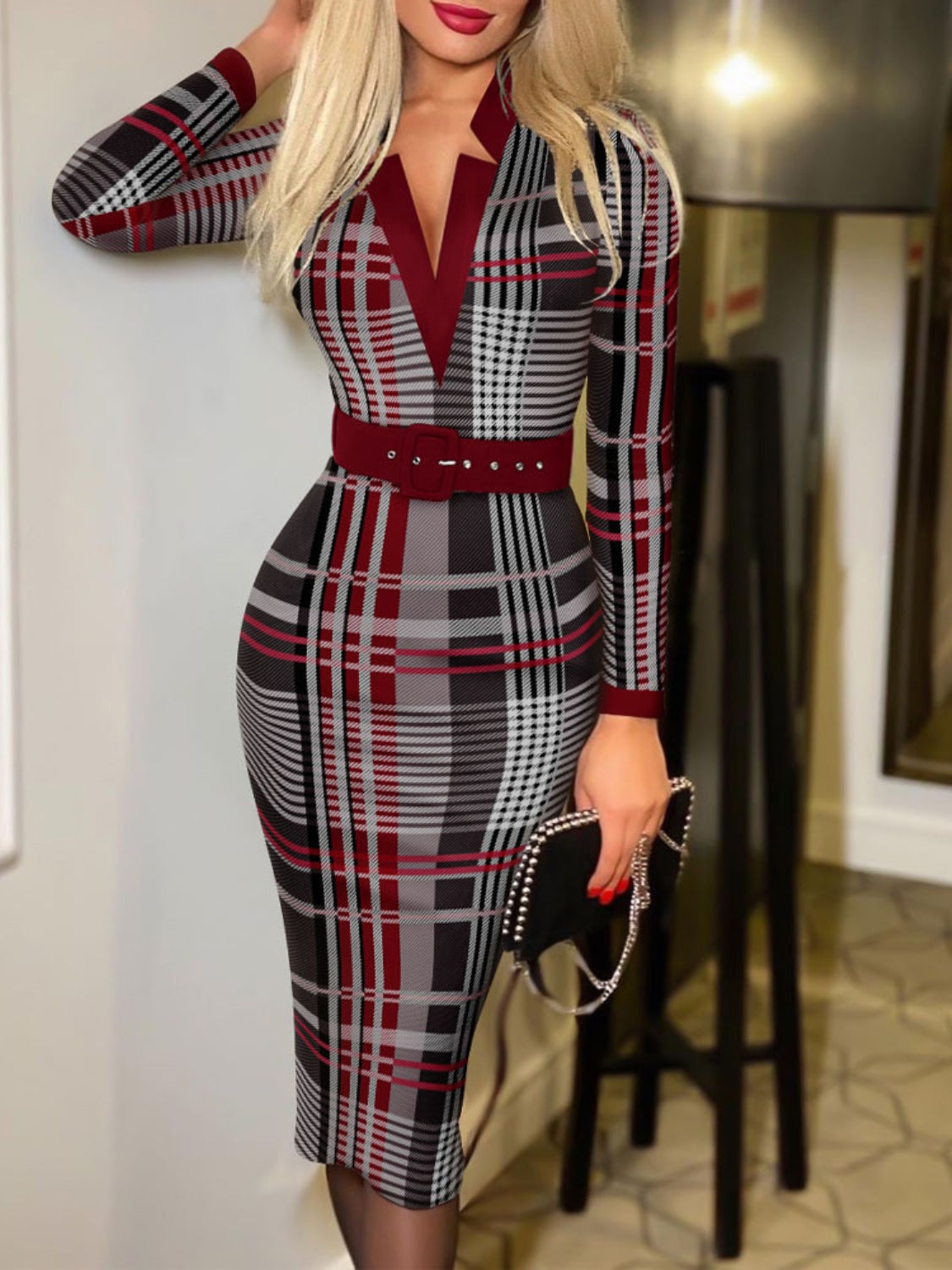 Printed Notched Long Sleeve Wrap Dress - Siennasass