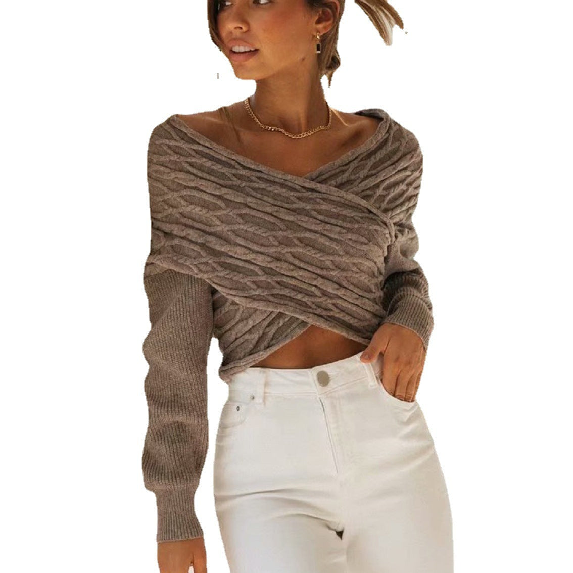 Cross V-neck Long-sleeved Sweater Top - Siennasass