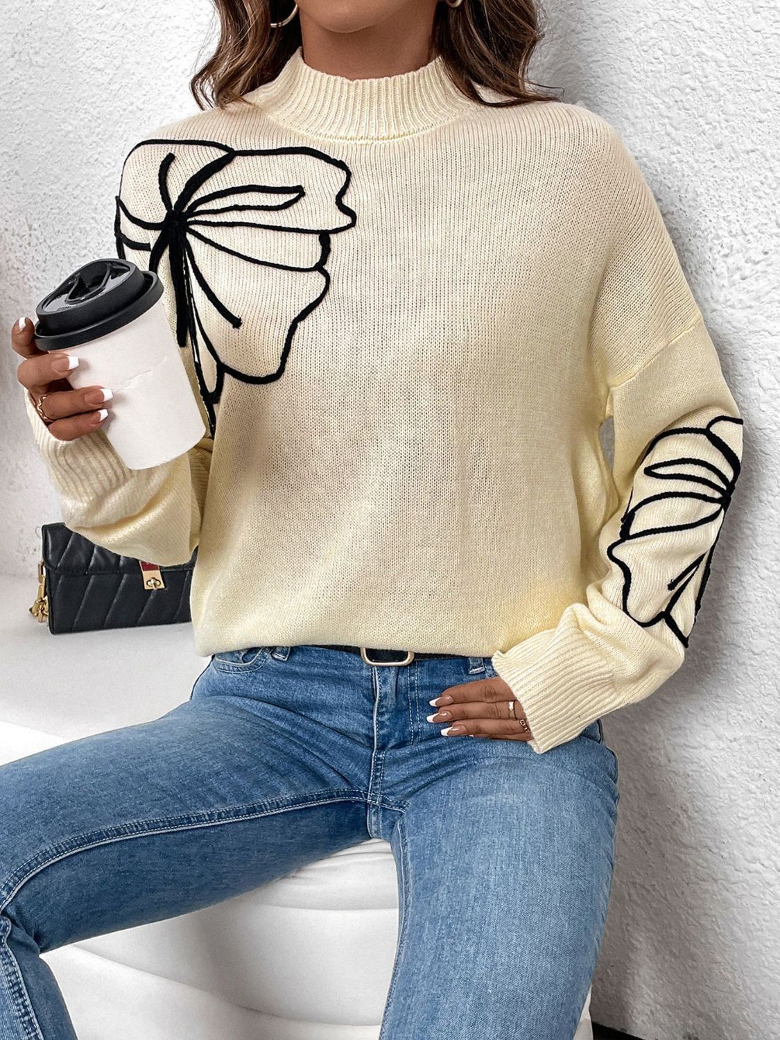 Perfee Mock Neck Dropped Shoulder Long Sleeve Sweater - Siennasass