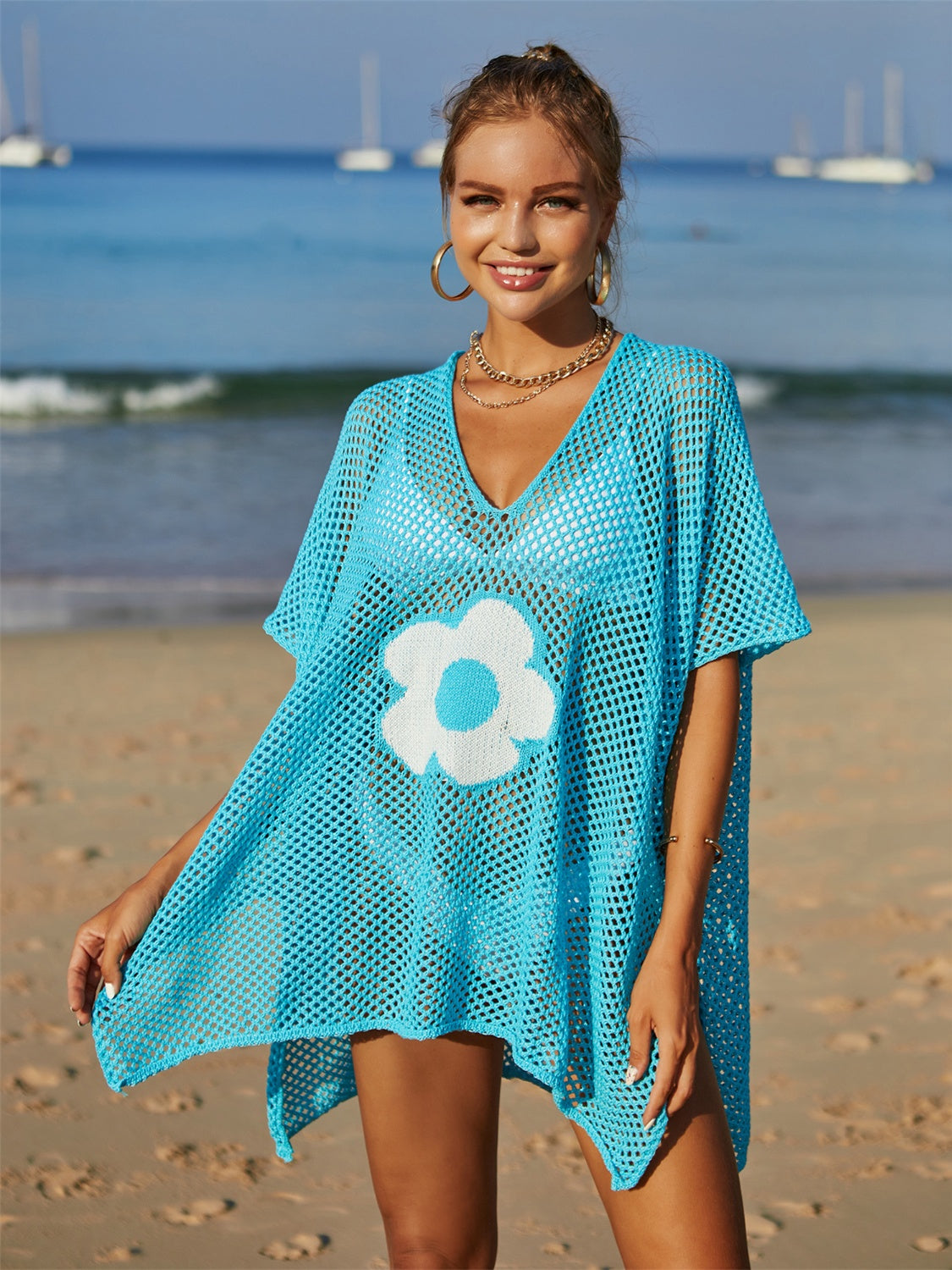 Openwork Flower V-Neck Short Sleeve Cover Up - Siennasass