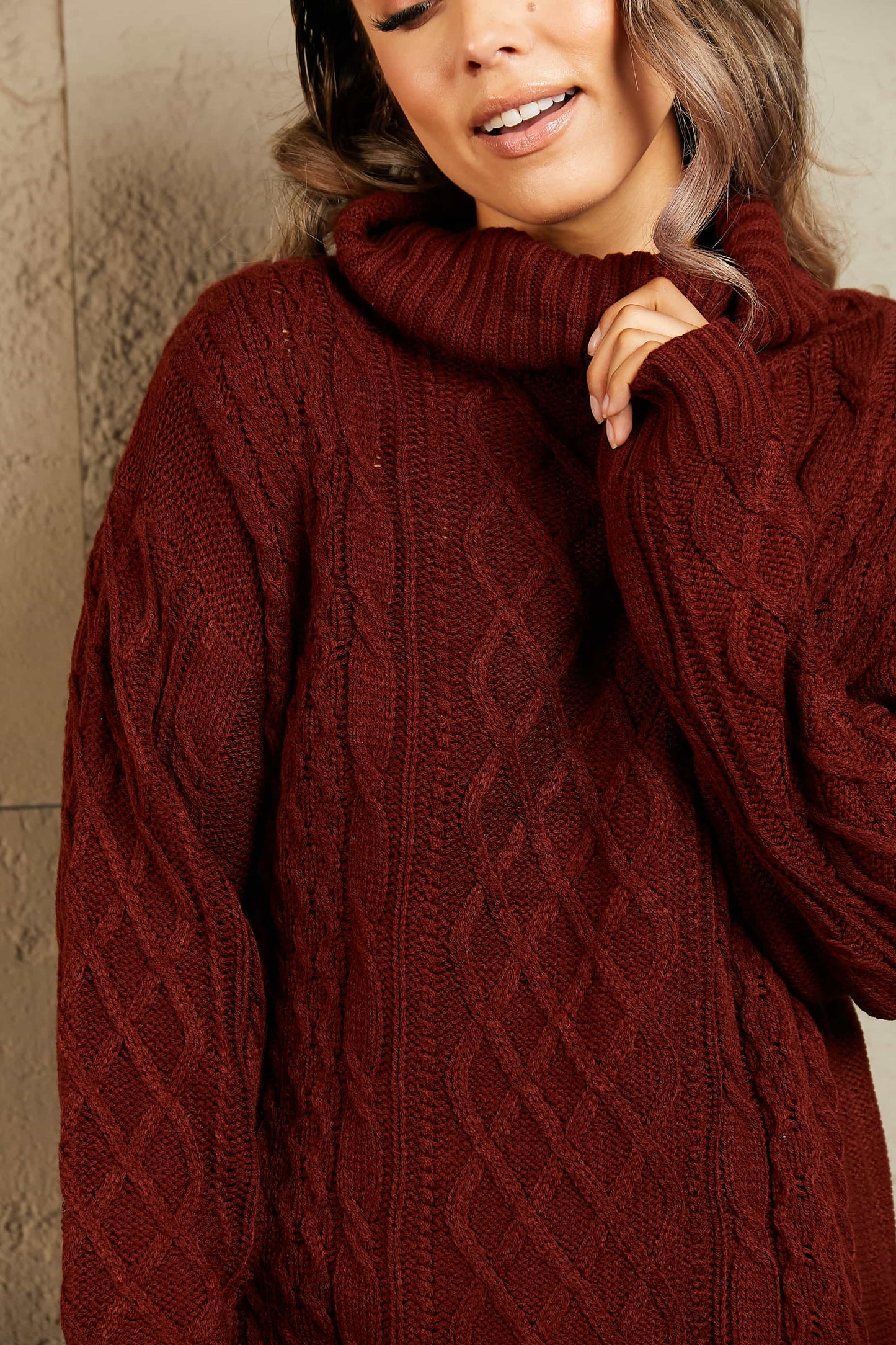 Woven Right Full Size Mixed Knit Cowl Neck Dropped Shoulder Sweater Dress - Siennasass