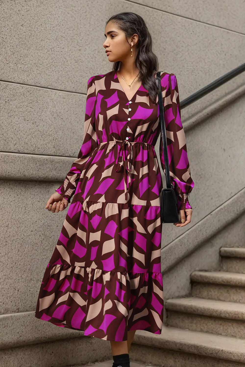 Perfee Printed Tied Pocketed Lantern Sleeve Dress - Siennasass