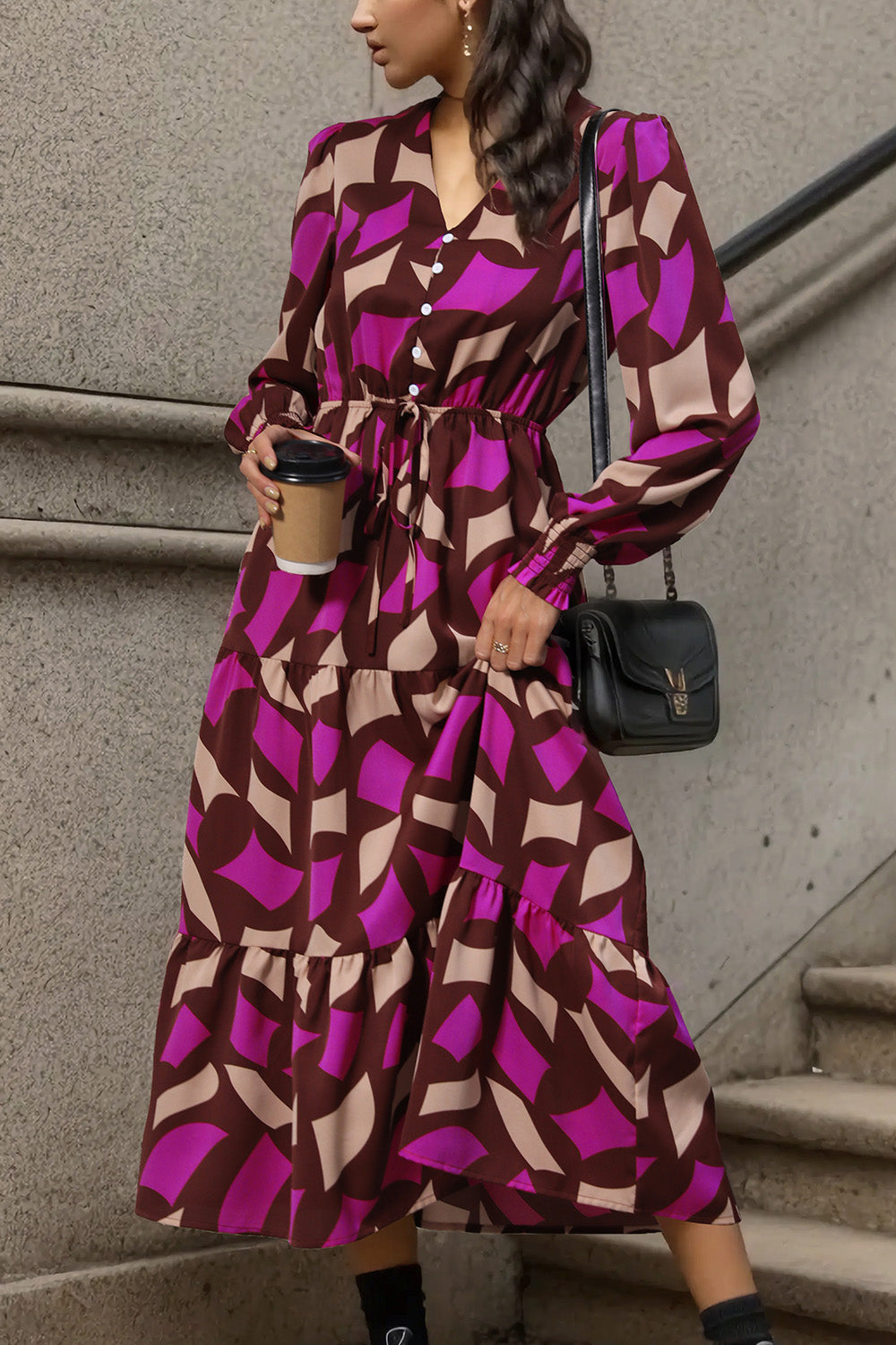 Perfee Printed Tied Pocketed Lantern Sleeve Dress - Siennasass