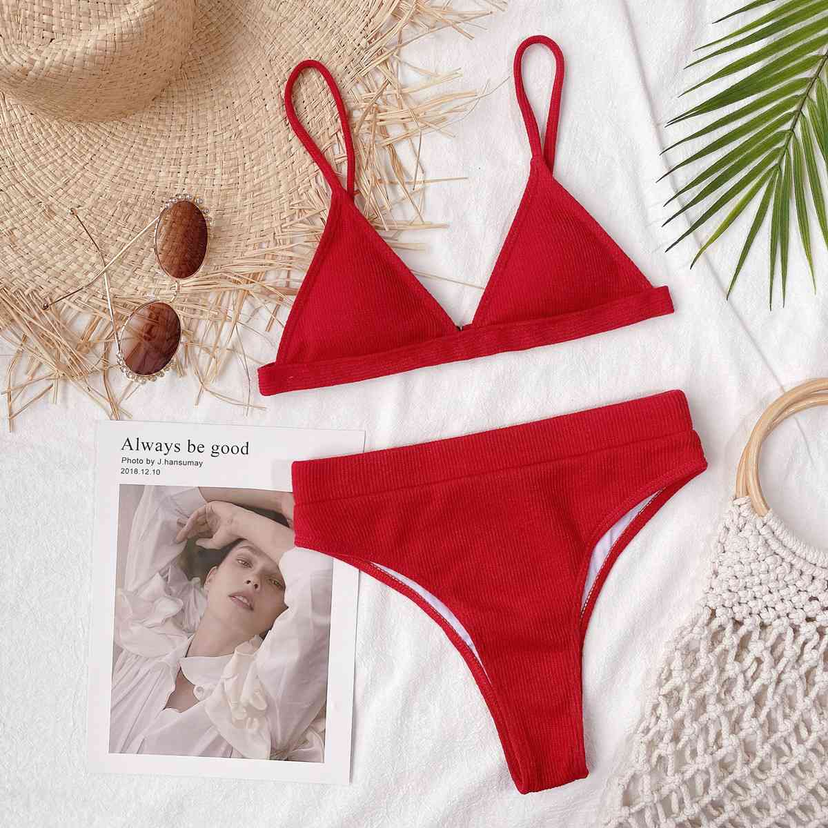 Spaghetti Strap Ribbed Bikini Set - Siennasass