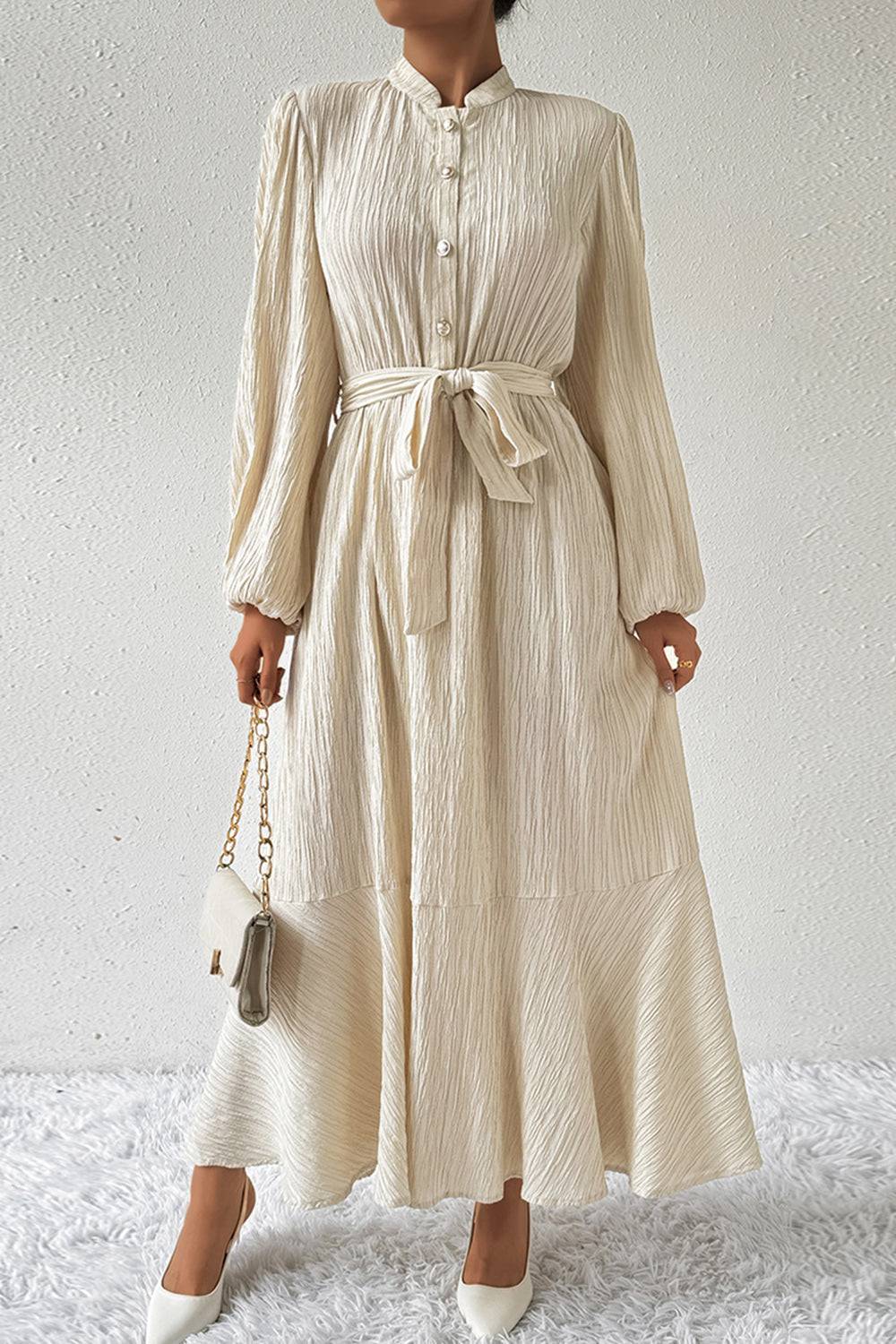 Tied Button Up Balloon Sleeve Dress - Siennasass