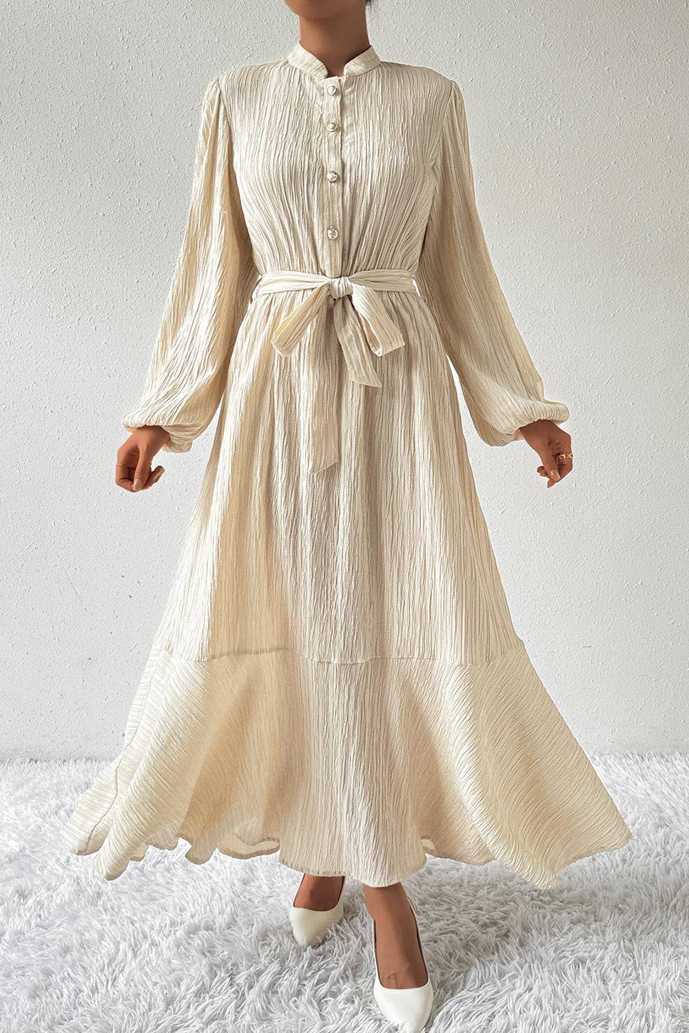 Tied Button Up Balloon Sleeve Dress - Siennasass