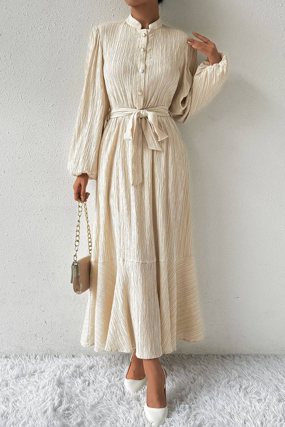 Tied Button Up Balloon Sleeve Dress - Siennasass